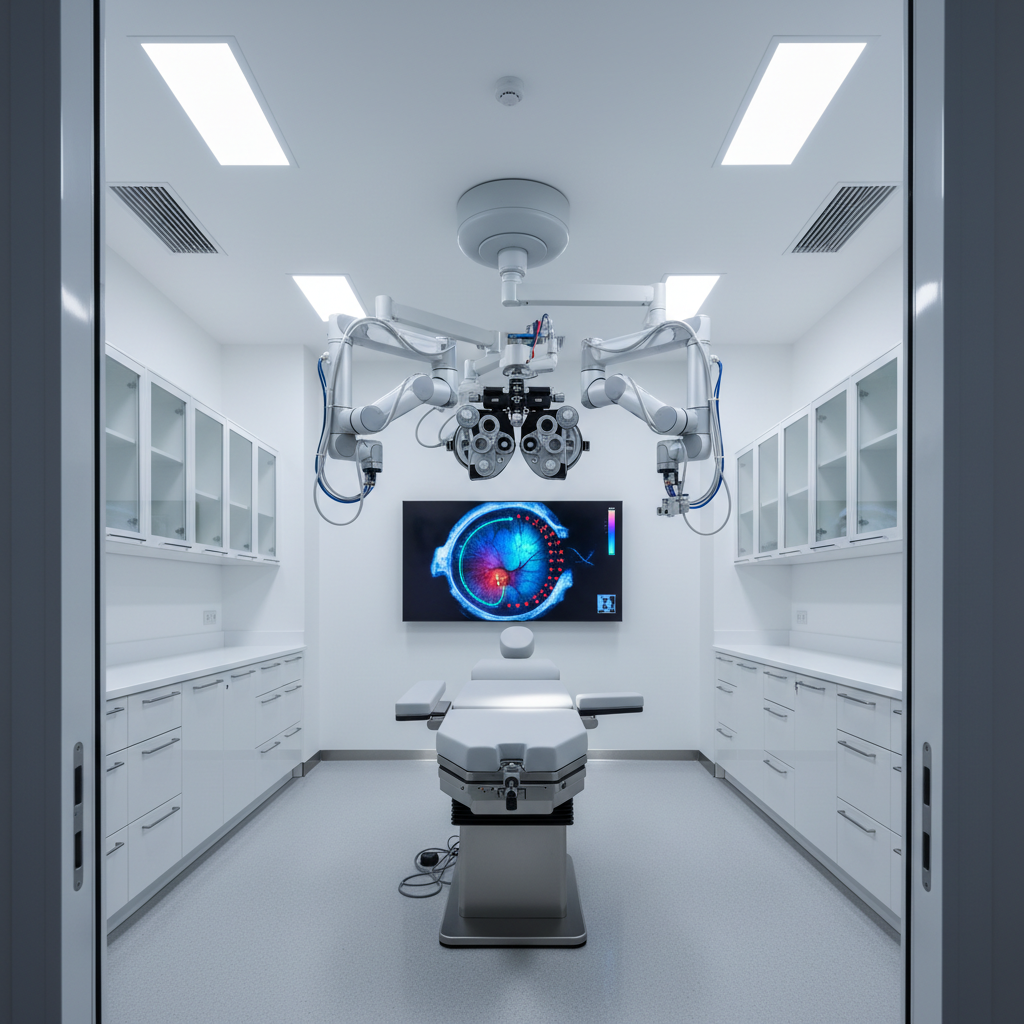 A pristine laser eye surgery operating room viewed from the doorway, featuring a central surgical table with a crisp white surface and integrated head support perfectly aligned under a suspended laser system with articulated arms and fiber optic cables. Surrounding cabinets with frosted glass doors conceal neatly arranged equipment, while a wall-mounted monitor shows a stylized, colorful scan of an eye in high detail. Cool, diffused ceiling lights bathe the room in an even, shadow-free illumination, creating a calm and controlled clinical mood. Photographed at a slightly wide angle with deep focus, every surface appears immaculate and organized, reinforcing a professional, state-of-the-art environment in a realistic, photographic style suitable for a laser eye surgery center.