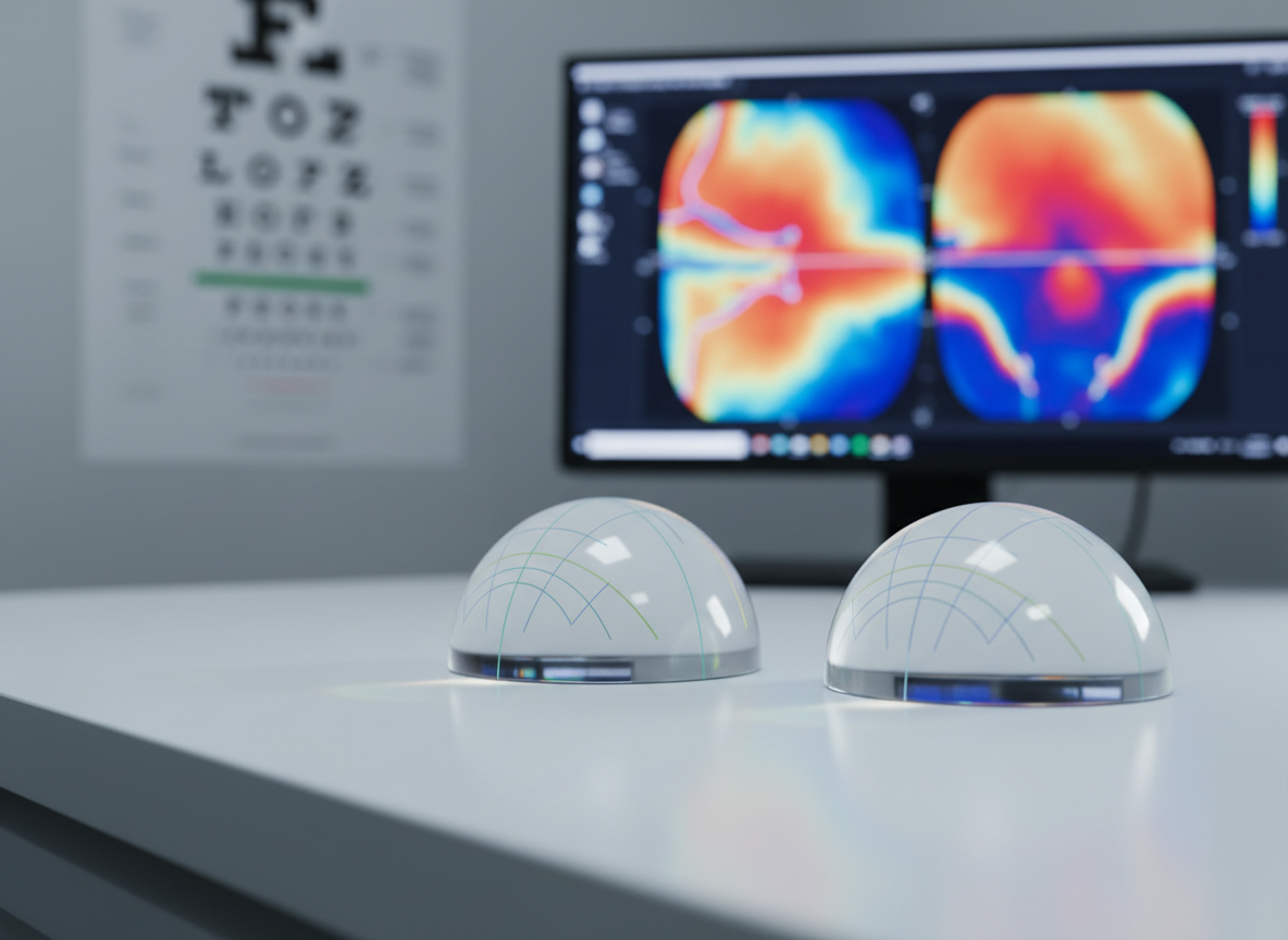 A pair of transparent 3D corneal models resting on a matte white examination table, each etched with fine radial lines illustrating laser correction paths in subtle shades of blue and green. Behind them, an out-of-focus chart and a sleek diagnostic monitor display detailed topographic maps of the eye in vivid color gradients. Soft, cool studio lighting from the side creates gentle reflections on the models’ curved surfaces, emphasizing clarity and precision. Captured from a slightly elevated angle using photographic realism, the composition follows the rule of thirds, leaving negative space for text. The mood is educational and reassuring, ideal for explaining how laser eye surgery reshapes the cornea in a precise, controlled manner.