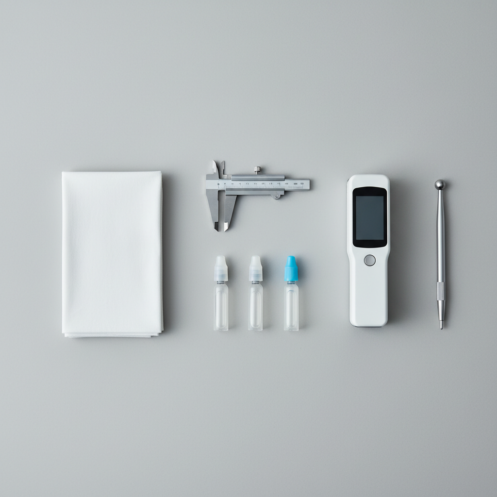 A minimalist, bird’s-eye view of a laser eye pre-operation setup on a matte light-gray surface: a polished metal caliper, a slim digital pachymeter, sterile single-use eye drop vials with clear and blue caps, and a neatly folded white surgical drape with perfectly pressed edges. Each item casts a soft, controlled shadow under diffused studio lighting, emphasizing structure and clarity. The arrangement forms a balanced, geometric composition with generous negative space, conveying organization, precision, and sterility. The photographic style is crisp and modern, with cool color tones that support a professional, trustworthy mood, ideal for illustrating the careful preparation and safety protocols behind laser eye surgery without including any human elements.