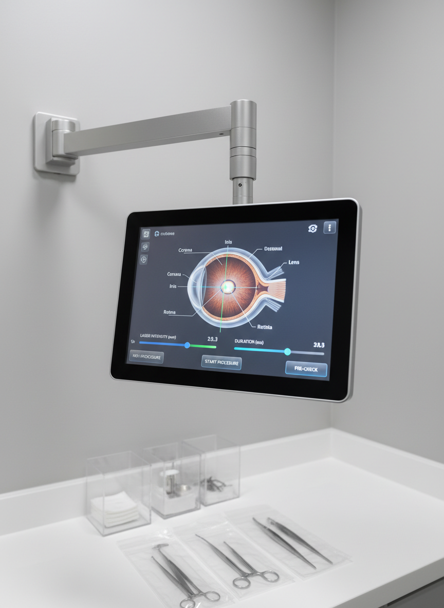 A close-up of a high-resolution ophthalmic laser control touchscreen mounted on a slim metallic arm, its interface showing a detailed cross-sectional diagram of the eye with adjustable parameters for laser intensity and duration. The device stands in a minimalist laser surgery suite with smooth light-gray walls and a spotless white counter holding neatly aligned sterile containers and sealed instruments. Soft, even overhead lighting minimizes shadows and enhances the clarity of every element. Shot from a three-quarter angle with sharp focus throughout, the composition feels balanced and orderly. The overall photographic style is clean and modern, emphasizing accuracy, safety, and the advanced technology behind professional laser eye procedures without introducing any human subjects.