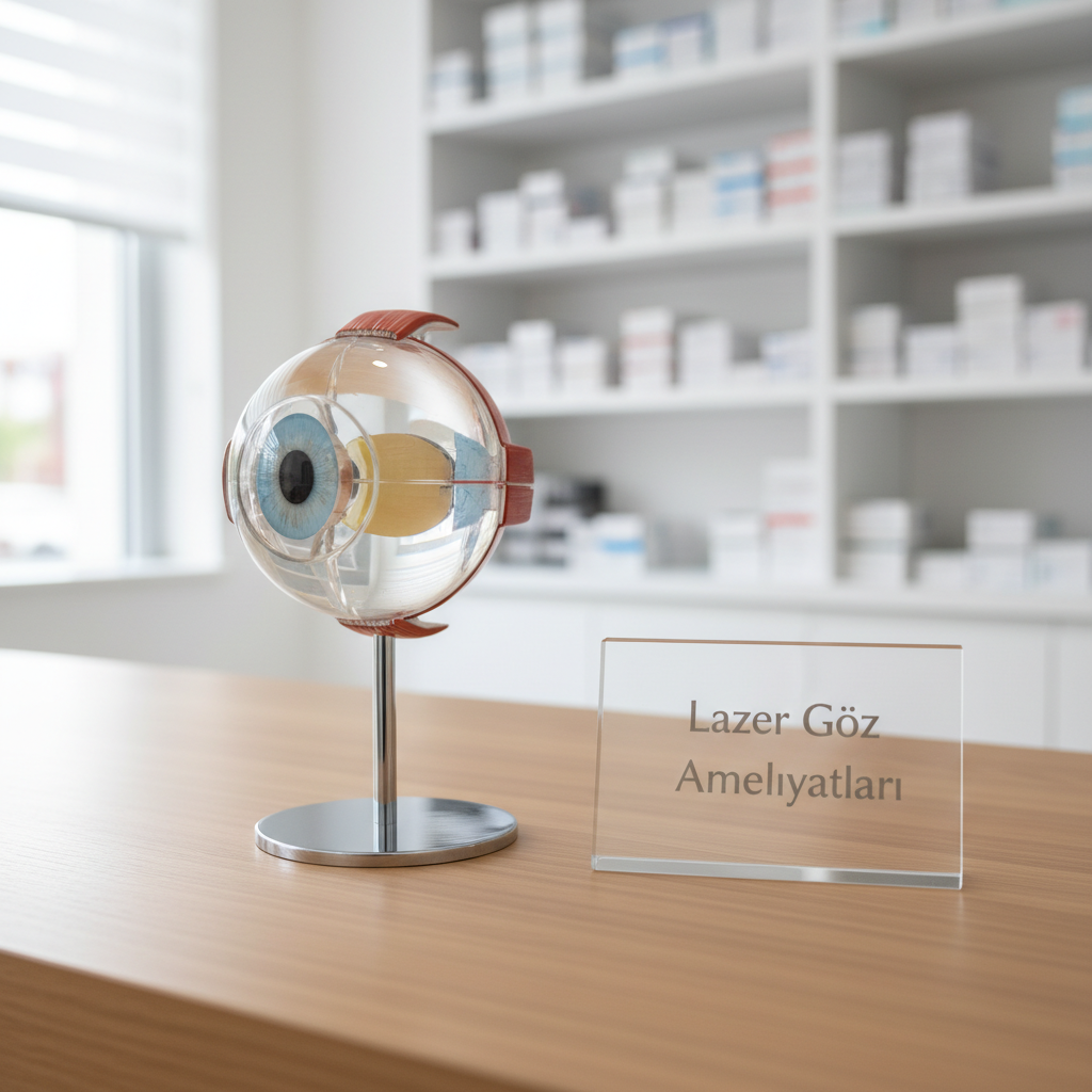 A detailed side view of a transparent anatomical eye model mounted on a slim chrome stand, its interior layers—cornea, lens, retina—clearly visible and highlighted with subtle color coding. Beside it lies a sleek acrylic plaque engraved with the words “Lazer Göz Ameliyatları” in elegant sans-serif lettering. Both objects rest on a smooth, light-wood consultation desk, with a blurred background of tidy white shelves holding labeled boxes of ophthalmic equipment and lenses. Gentle natural daylight filters in from an unseen window, combining with soft overhead lighting to produce a bright yet soothing atmosphere. Shot at eye level with a shallow depth of field, the composition is clean, modern, and educational, ideal for a professional laser eye surgery informational website.