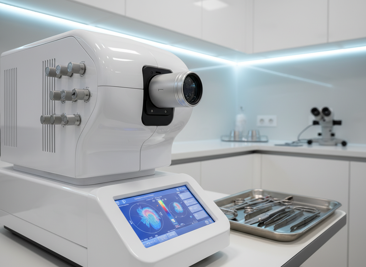 A sleek diagnostic laser eye surgery machine with a gleaming white body, fine adjustment knobs, and a clear blue digital interface displaying corneal maps and precise measurements. The machine is positioned prominently in a spotless, modern ophthalmology clinic with glossy white cabinets and neatly organized instruments resting on a stainless steel tray in the background. Cool, diffused overhead LED lighting reflects softly off the machine’s smooth surfaces, creating a clinical yet reassuring glow. Photographed at eye level with a shallow depth of field, the focus remains crisp on the laser head and control panel while the background softly blurs, conveying a professional, high-tech, and trustworthy atmosphere in realistic, clean photographic style.